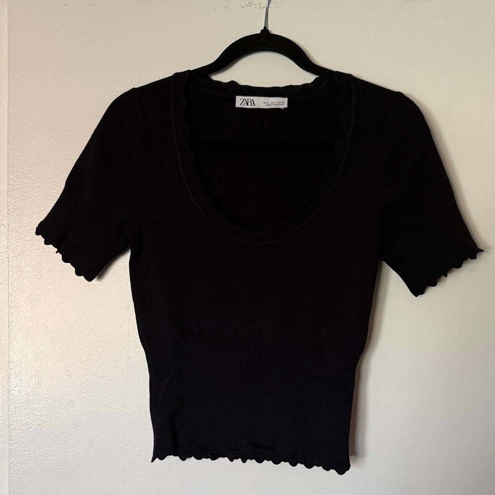 Zara Black Pointelle Scalloped Women's Blouse
